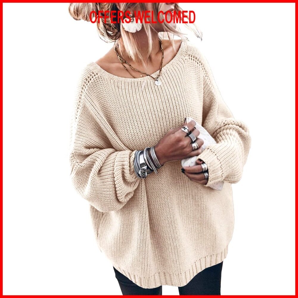 Oversized Cotton Pullover Sweater Batwing Sleeve Crew Neck Tunic